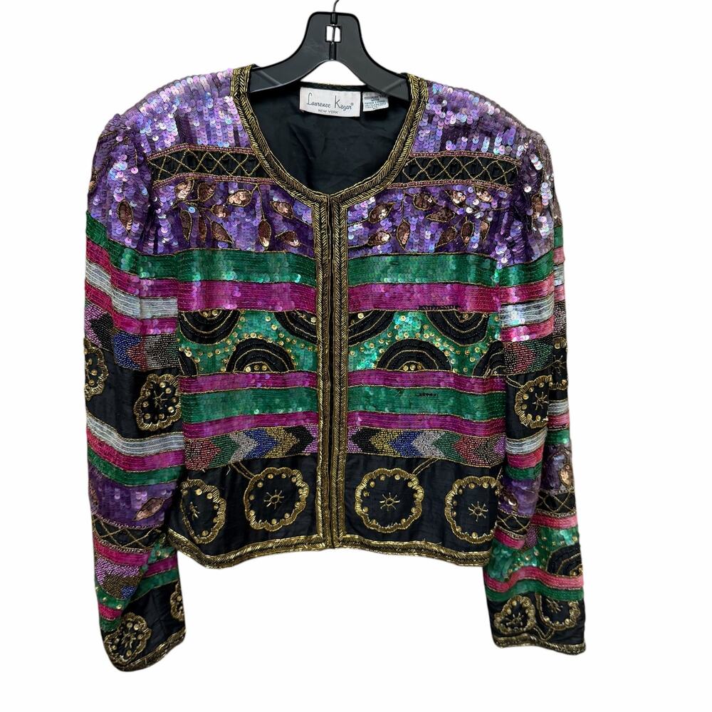Vintage Laurence Kazar Silk Beaded Jacket Multicolor Size XL Glam Art Deco 80s